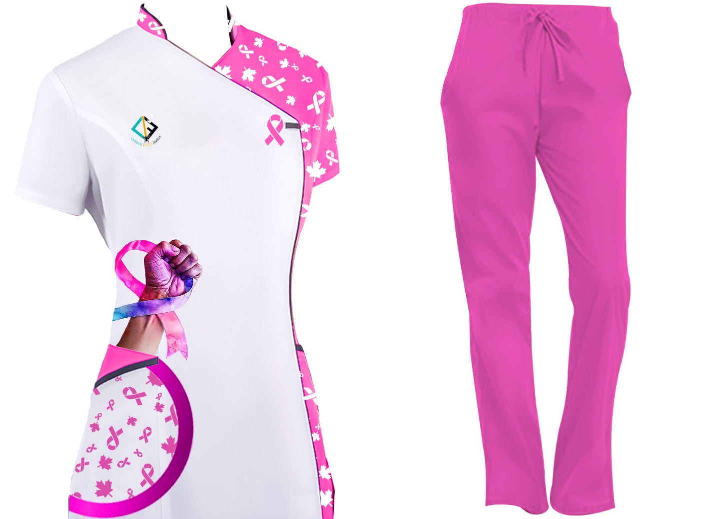 Cancer month Pink Nursing scrub multi pocket top and pant set